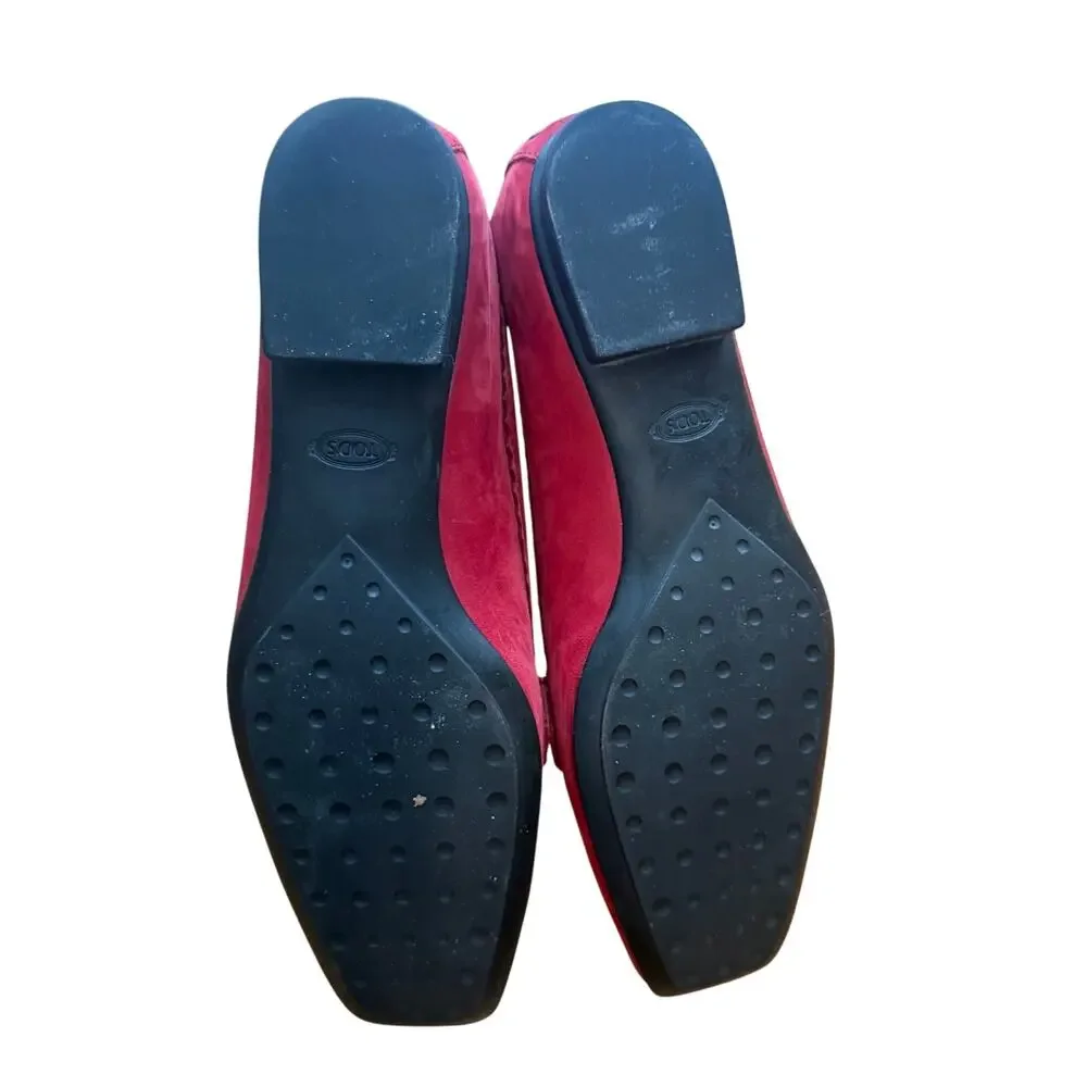 Tod’s Red Suede Studded Heel Accent Flats - 39.5